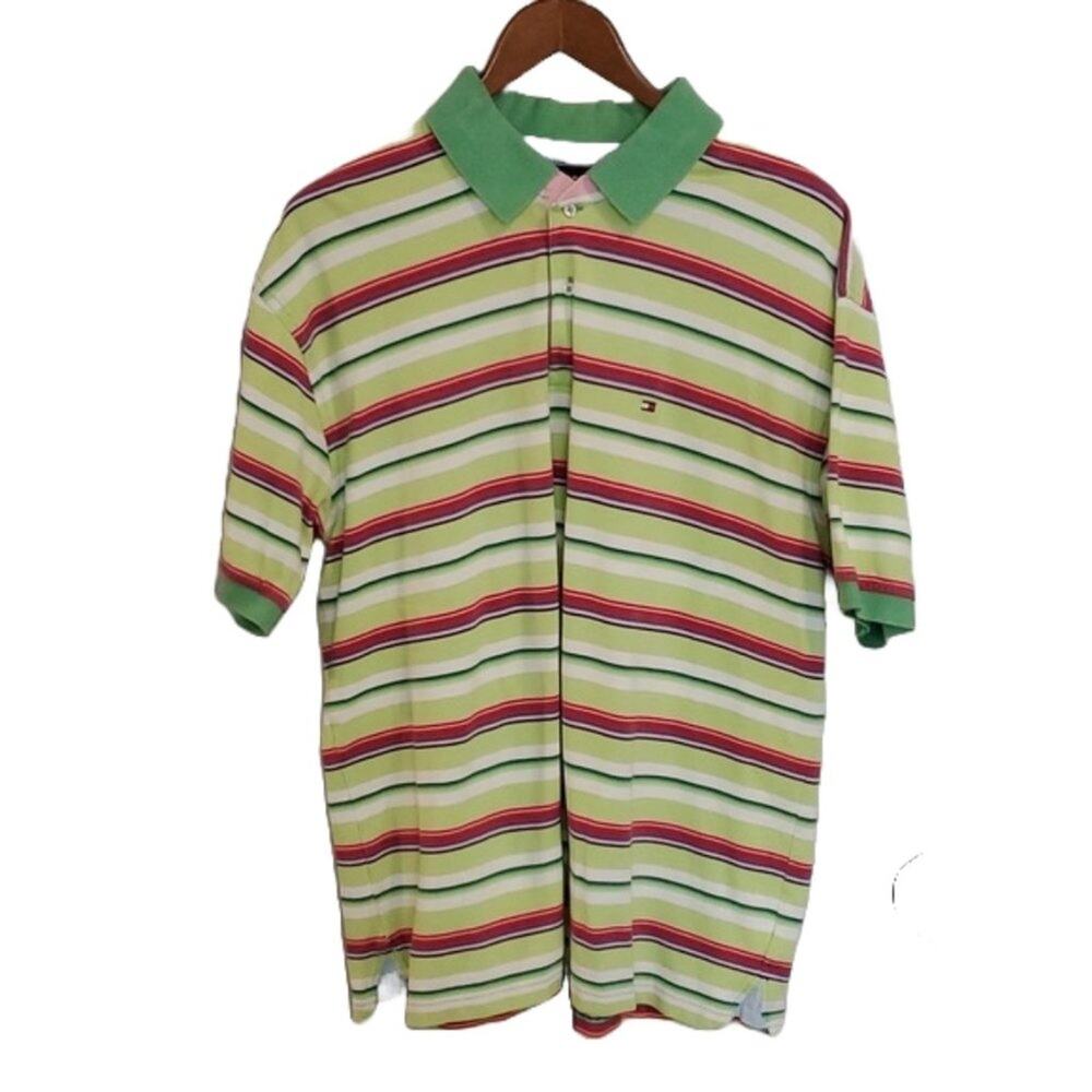 VTG Y2K Tommy Hilfiger Green/Red/Blue/Pink/White Stripe Retro Polo SZ XL